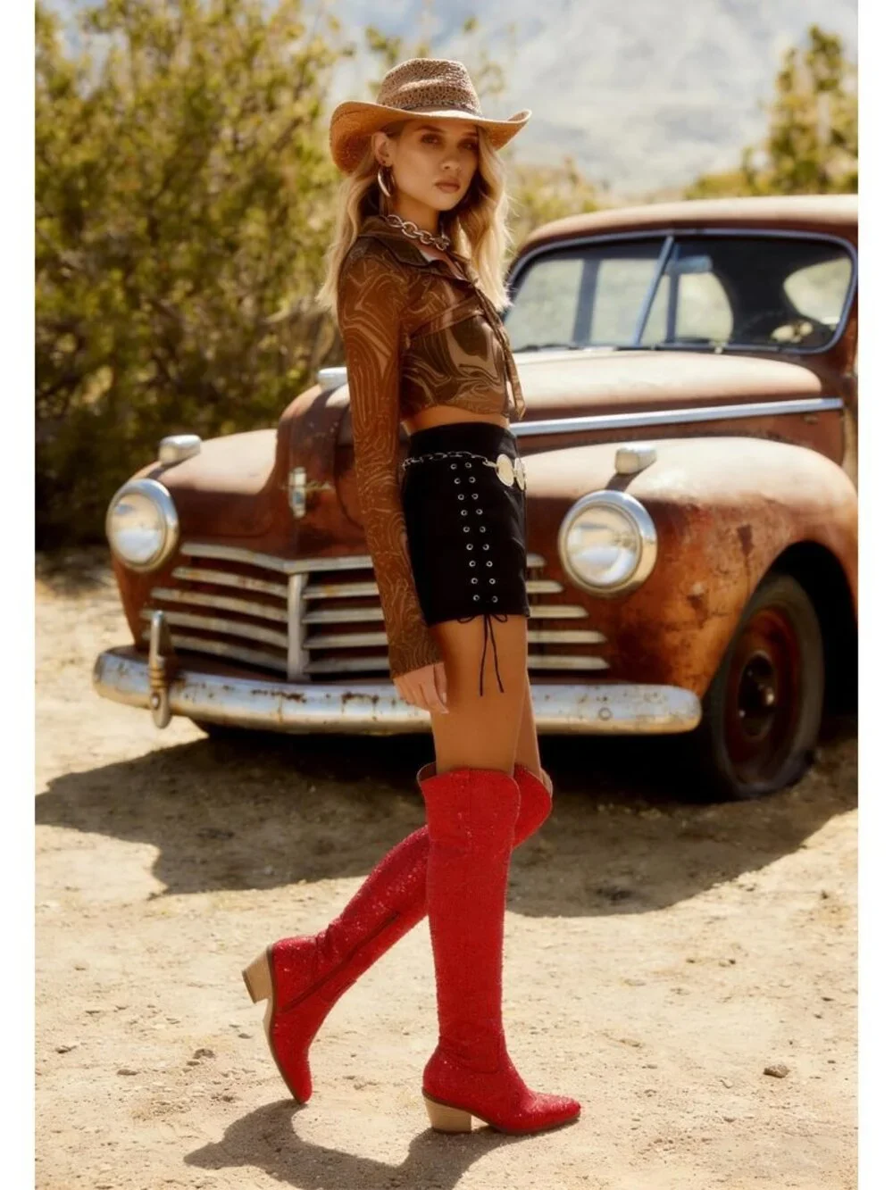 Women's Red Rhinestone Sparkly Bling Cowgirl Side Zipper Over The Knee Boots